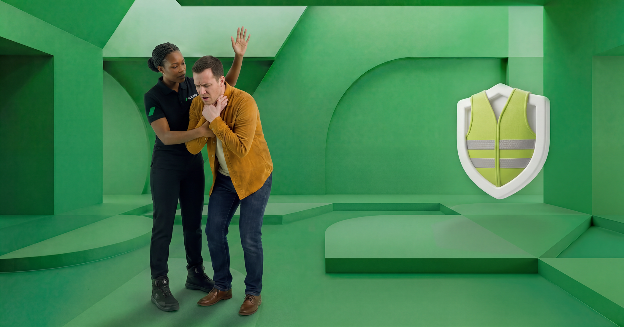 AI-generated Kompas training studio with a first-aid instructor and a branded 3D safety icon